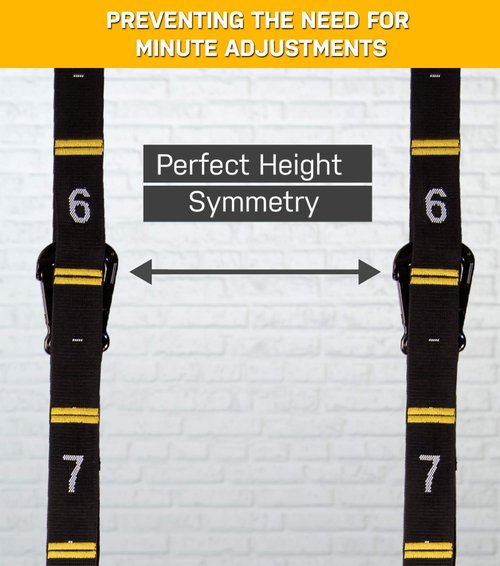 Double Circle Quick Adjust Numbered Straps for Gymnastic Rings - Carabiner System and Exercise Video Guide for Full Body Workout, Calisthenics, and Home Gym