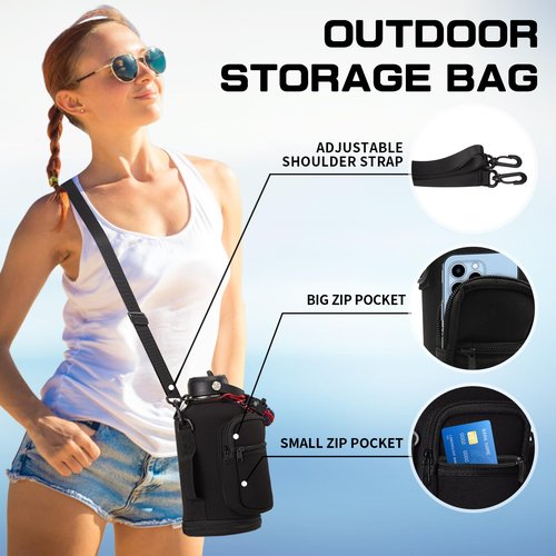 Water Bottle Sleeve with Pocket & Strap - 64 oz Insulated Water Bottles Carrier Bag with Strap, 2 Zip Pockets Neoprene Pouch, Water Jug Holder for Camping Travelling, Flask Accessory Carrying Case