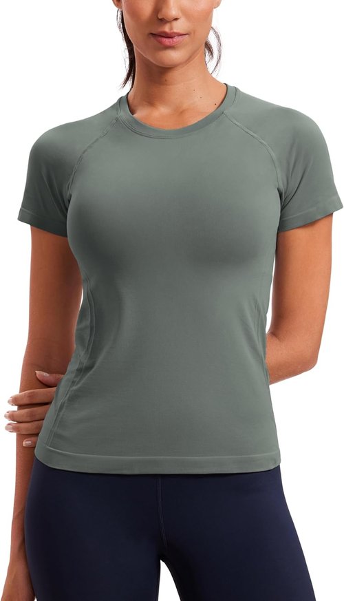 CRZ YOGA Seamless Workout Tops for Women - Breathable Short Sleeve Athletic Tees in Hip Length