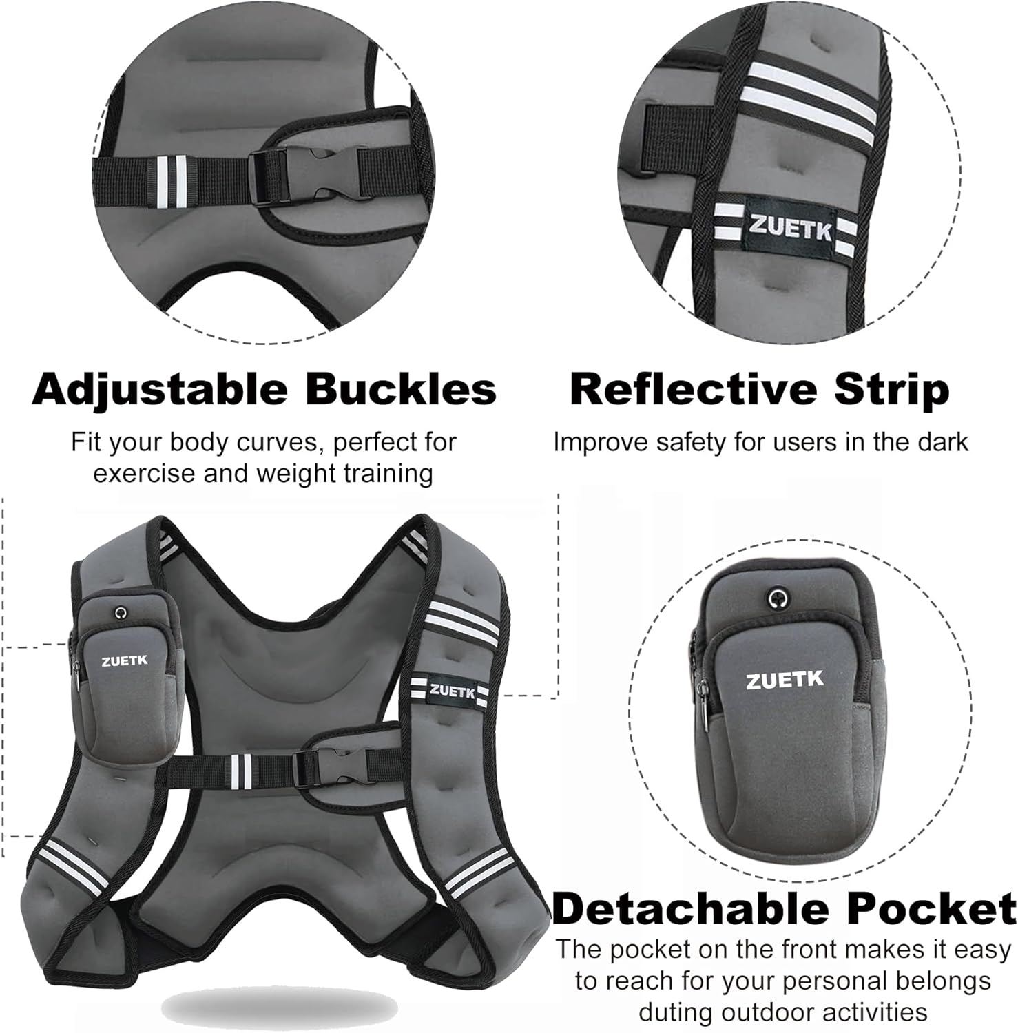 ZUETK Weighted Vest - Adjustable 6lb to 30lb | Reflective Stripe for Enhanced Safety - Ideal for Strength Training and Fitness