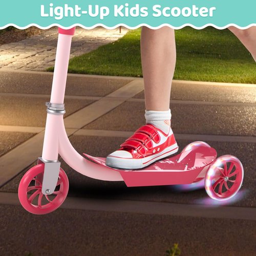 ADUBENRY Kids Kick Scooters, 3 Wheel Scooter for Kids Ages 3-10, LED Lighted Wheels with 3 Adjustable Height Handlebars for Boys & Girls Pink