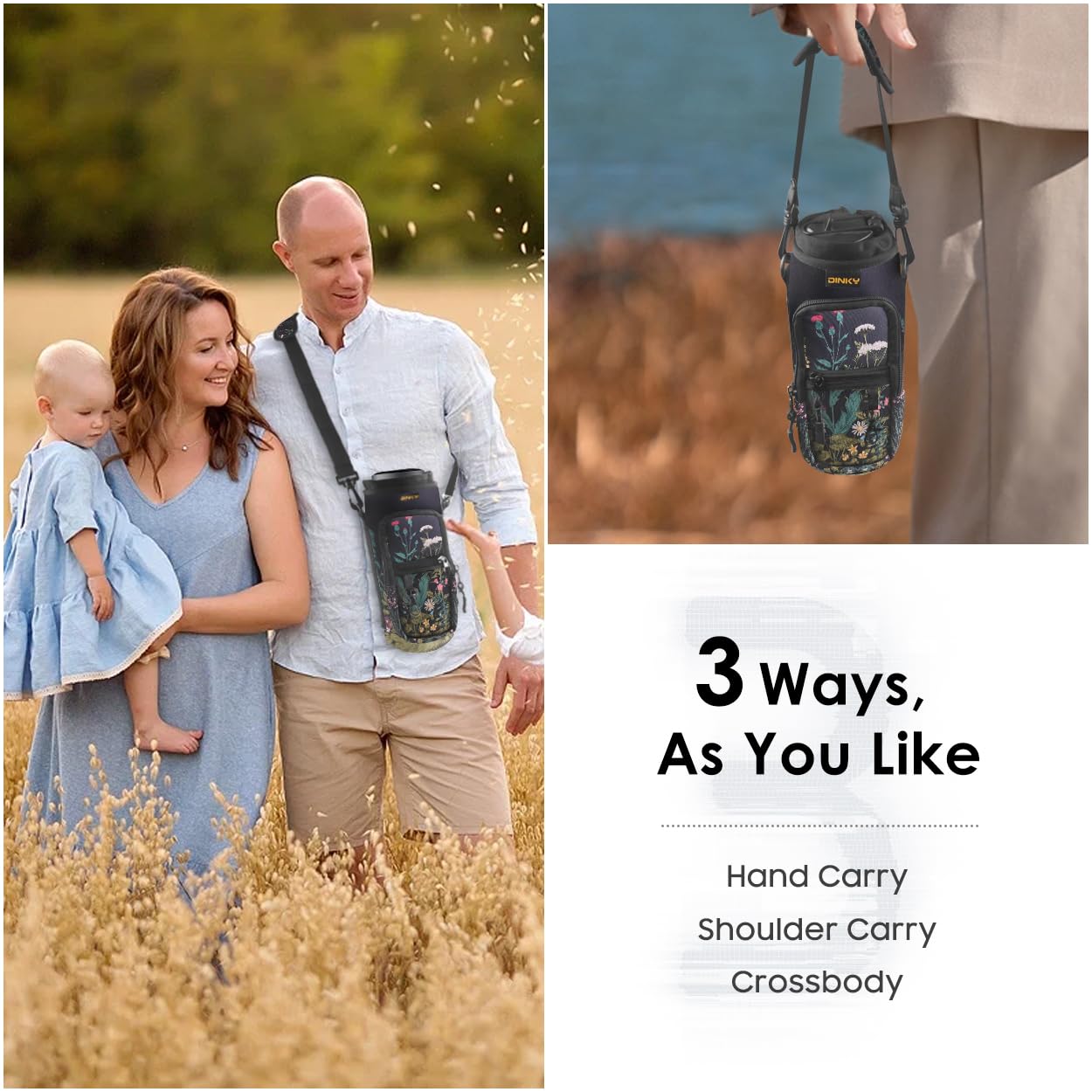 DINKY Water Bottle Carrier Bag, Water Bottle Carrier Holder with Adjustable Shoulder Strap, Sling Neoprene Water Bottle Pouch Sleeve for Hiking, Camping and Fishing, Compatible with 32 oz 40 oz