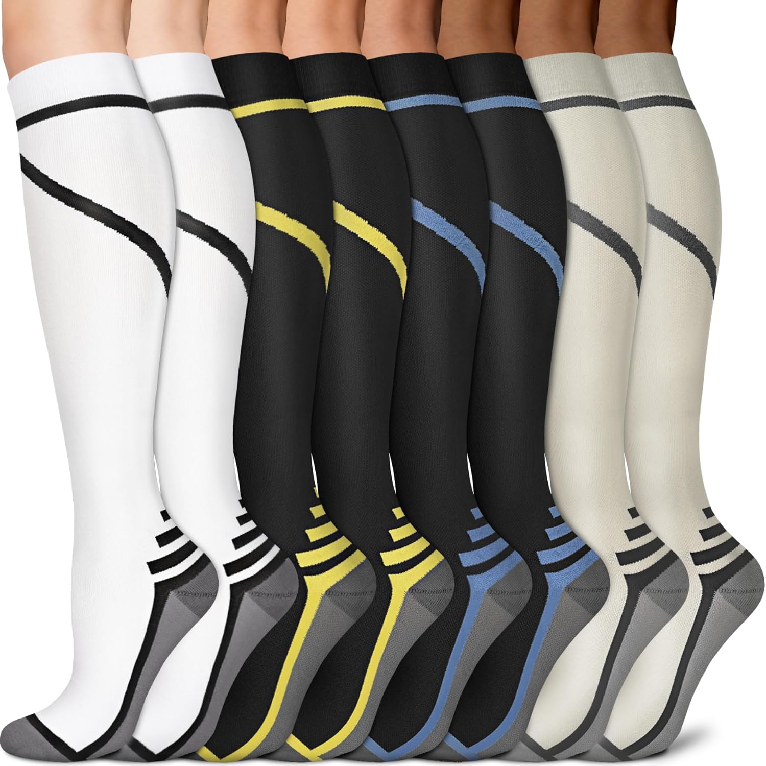 Sooverki Copper Compression Socks - 8 Pack Knee High Stockings for Men & Women | 15-20mmHg Support for Running