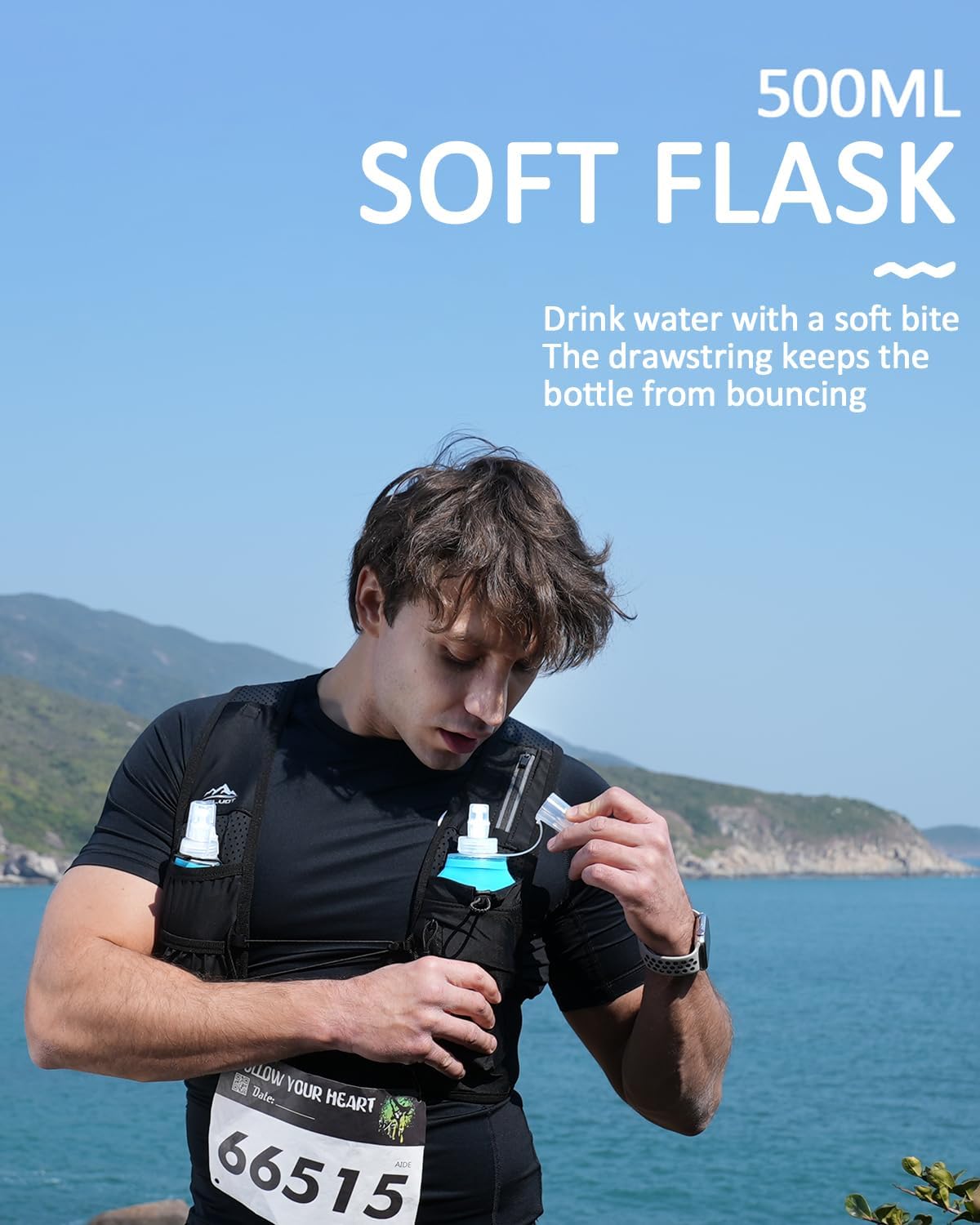 Skiennix Running Hydration Vest - Adjustable Chest Straps & 500ml Soft Flask | Lightweight & Reflective