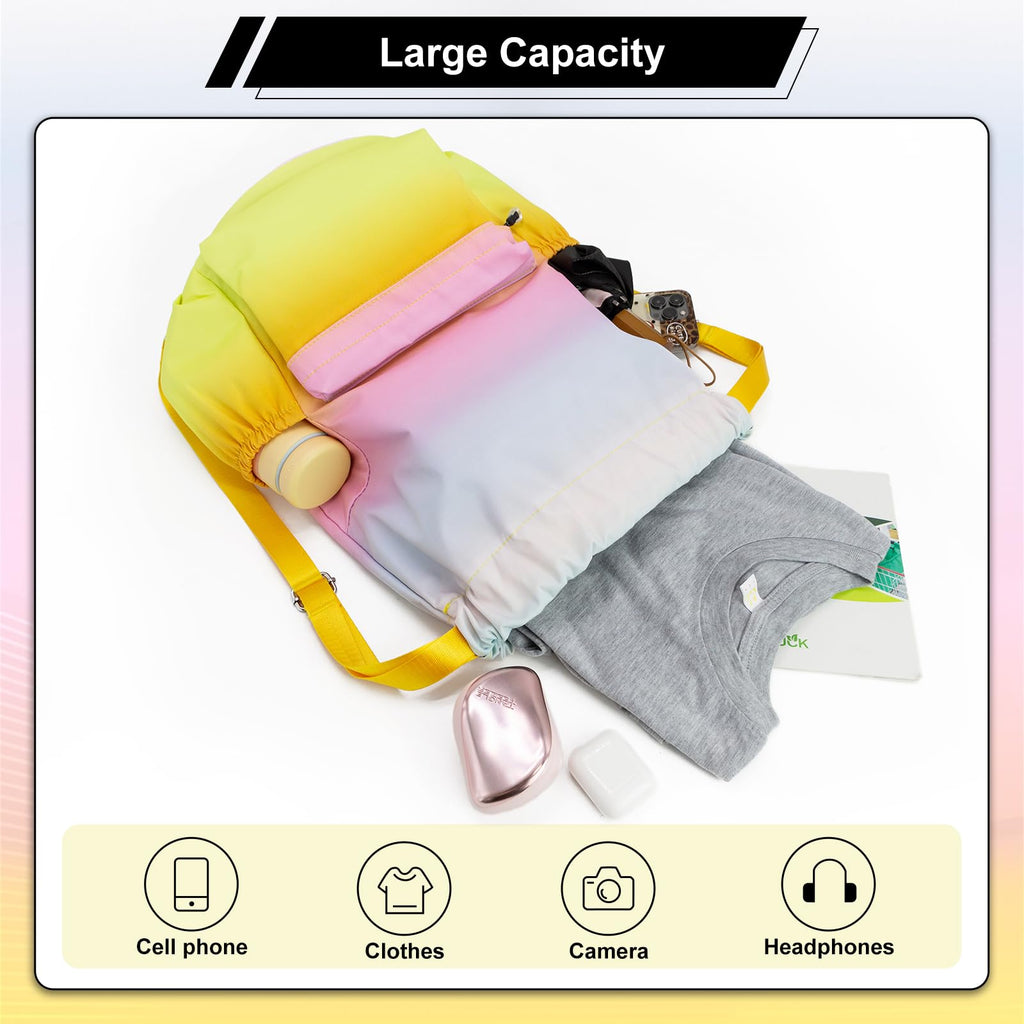 HOLYLUCK Drawstring Backpack Sports Gym Bag Water Resistant String Bag Cinch Sackpack with Side Zipper Pocket for Shopping Sport Yoga - Rainbow gradient