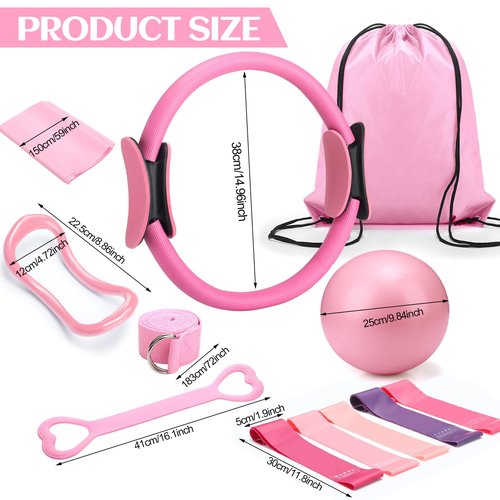 RoundFunny Set of 18 Pilates Ring Essential Kit for Women Pilates Ring and Ball Ankle Resistance Band Yoga Strap Socks Mat Arm Stretcher Latex Tube Gym Back Bag Exercise Equipment for Workout(Pink)