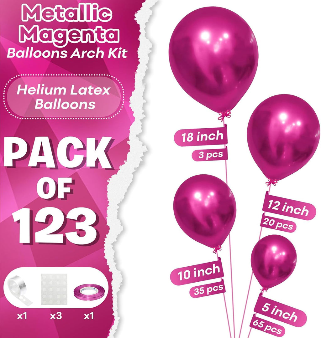 Togvu Chrome Hot Pink Balloons - Metallic Fuchsia Balloon Garland Kit | 123 Pack in 5, 10, 12, 18 Inch Sizes for Birthday & Wedding Decor