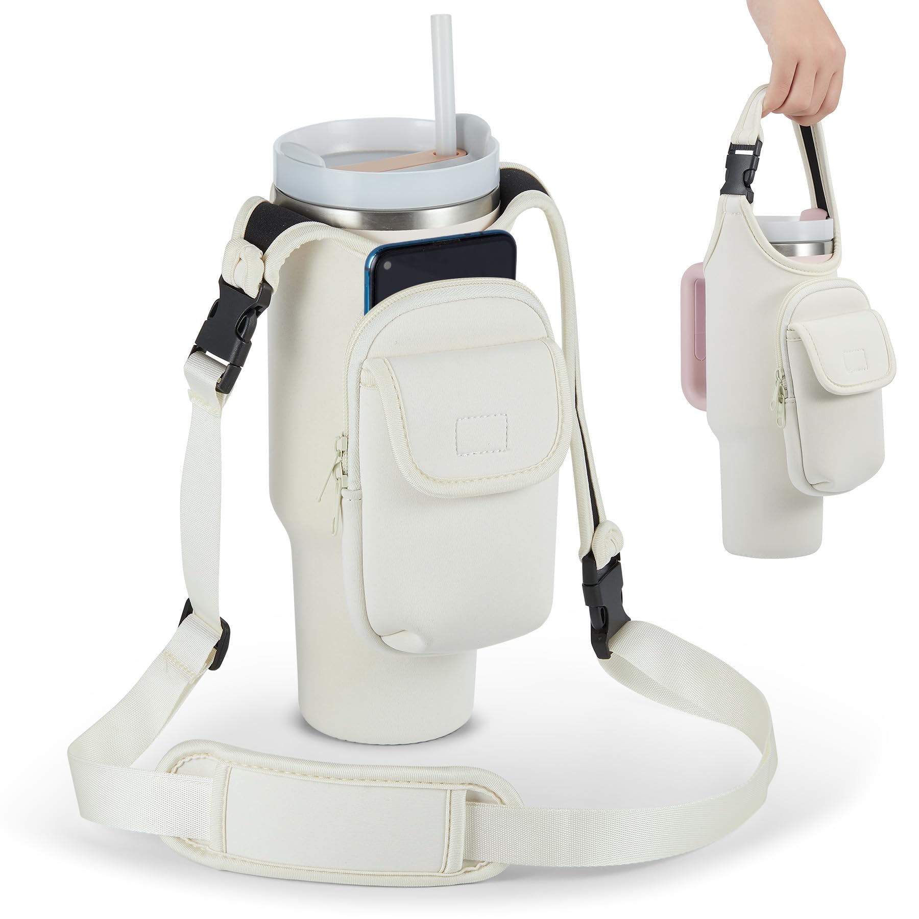Bufilea Carrier Bag with Phone Holder Pockets for Stanley 40/30oz Tumbler with Handle, Insulated Neoprene Crossbody Bag Cup Holder w/Shoulder & Handheld Straps Fits Stanley Cup Accessories