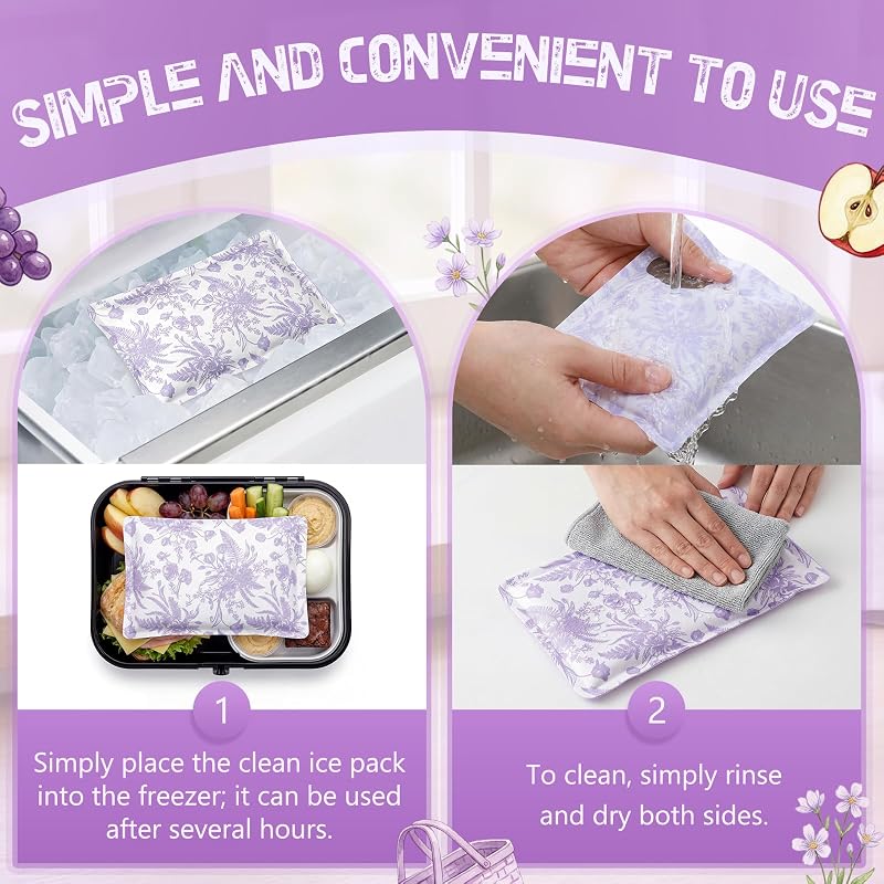 2 Pcs Ice Packs for Lunch Box Bag - Purple Floral Variation