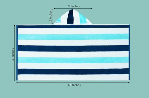 COTTON CRAFT Oversized Hooded Beach Towel - 39 x 68 Super Soft 100% Cotton Velour - Quick Dry Cabana Stripe Blue