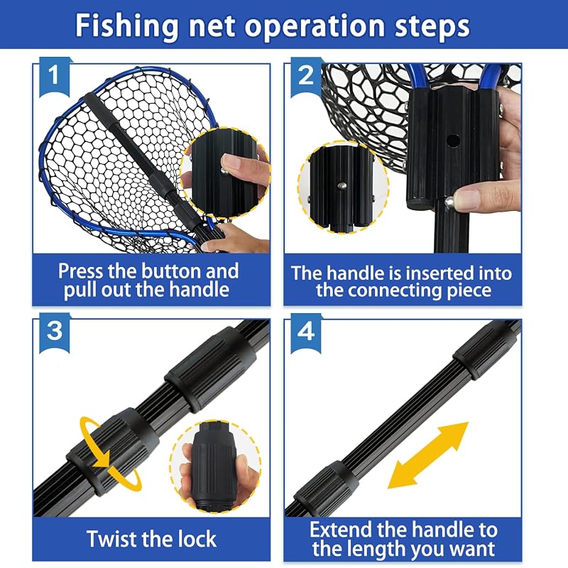 Telescoping Aluminum Fishing Net with Rubber Mesh, 3-Section Pole 64.5" - SEASPRO