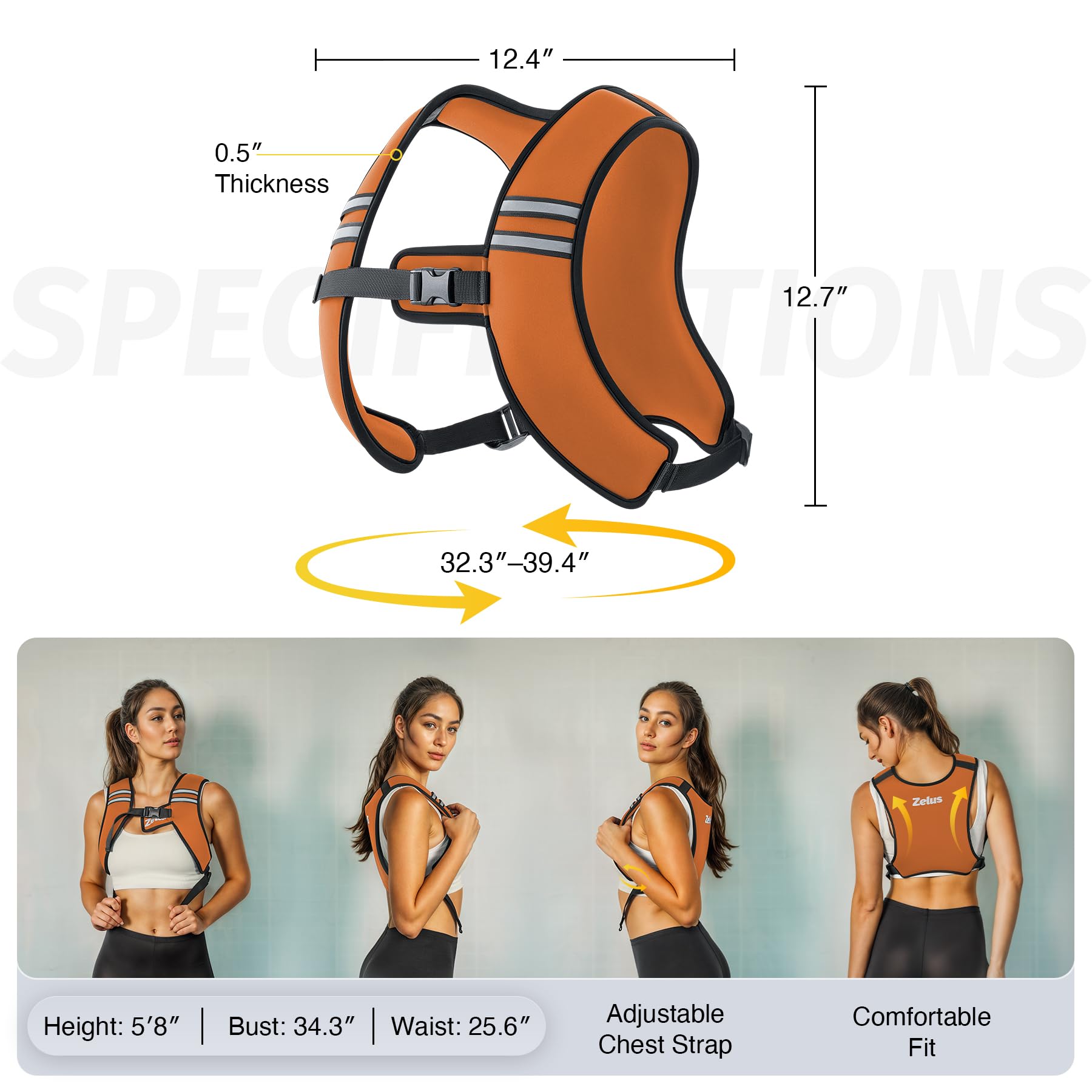 ZELUS Weighted Vest, Washable Z-Fit Soft Iron Weighted Vest for Women and Men, 5/10/15 lb Weight Vest with Reflective Strips & Adjustable Straps, Ultra Thin Weight Vest for Gym Strength Training, (5lb) Orange