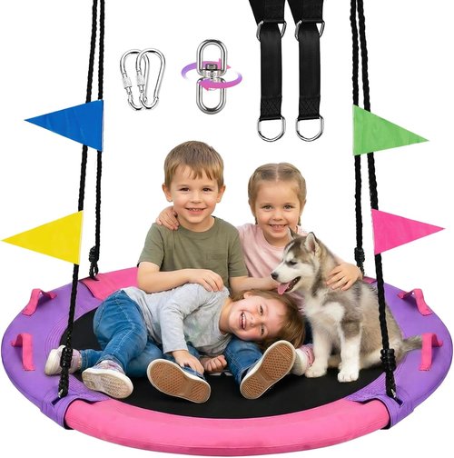 HeyZoo 43-Inch Saucer Swing - 900lbs Capacity with 360° Swivel & Adjustable Strap | Pink & Purple