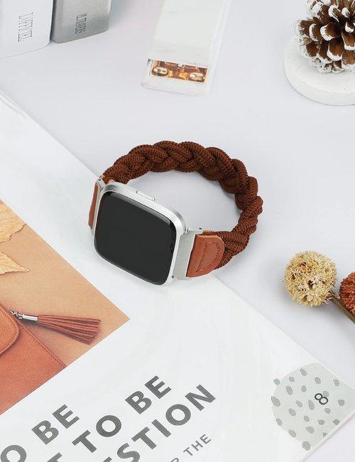 Wearlizer Compatible with Fitbit Versa Bands, Elastic Braided Wristband Strap for Women (Brown, S)
