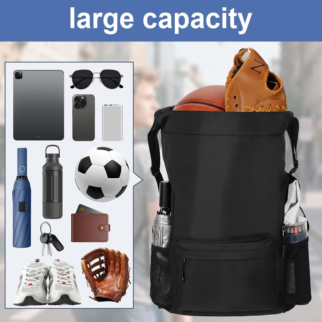 Skiennix Black Basketball Drawstring Backpack - Extra-Large Waterproof Gym Bag with Mesh Pocket for Men & Women