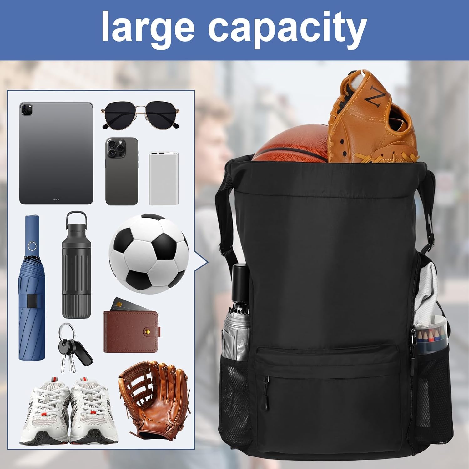 Skiennix Black Basketball Drawstring Backpack - Extra-Large Waterproof Gym Bag with Mesh Pocket for Men & Women