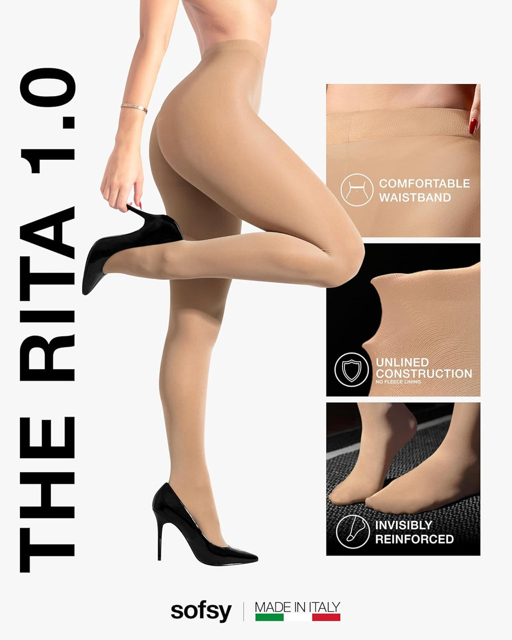 Sofsy 10-Year Hosiery Craftsmanship - Italian 40 Den Run Resistant Opaque Tights for Women | High-Waist, Reinforced Toe