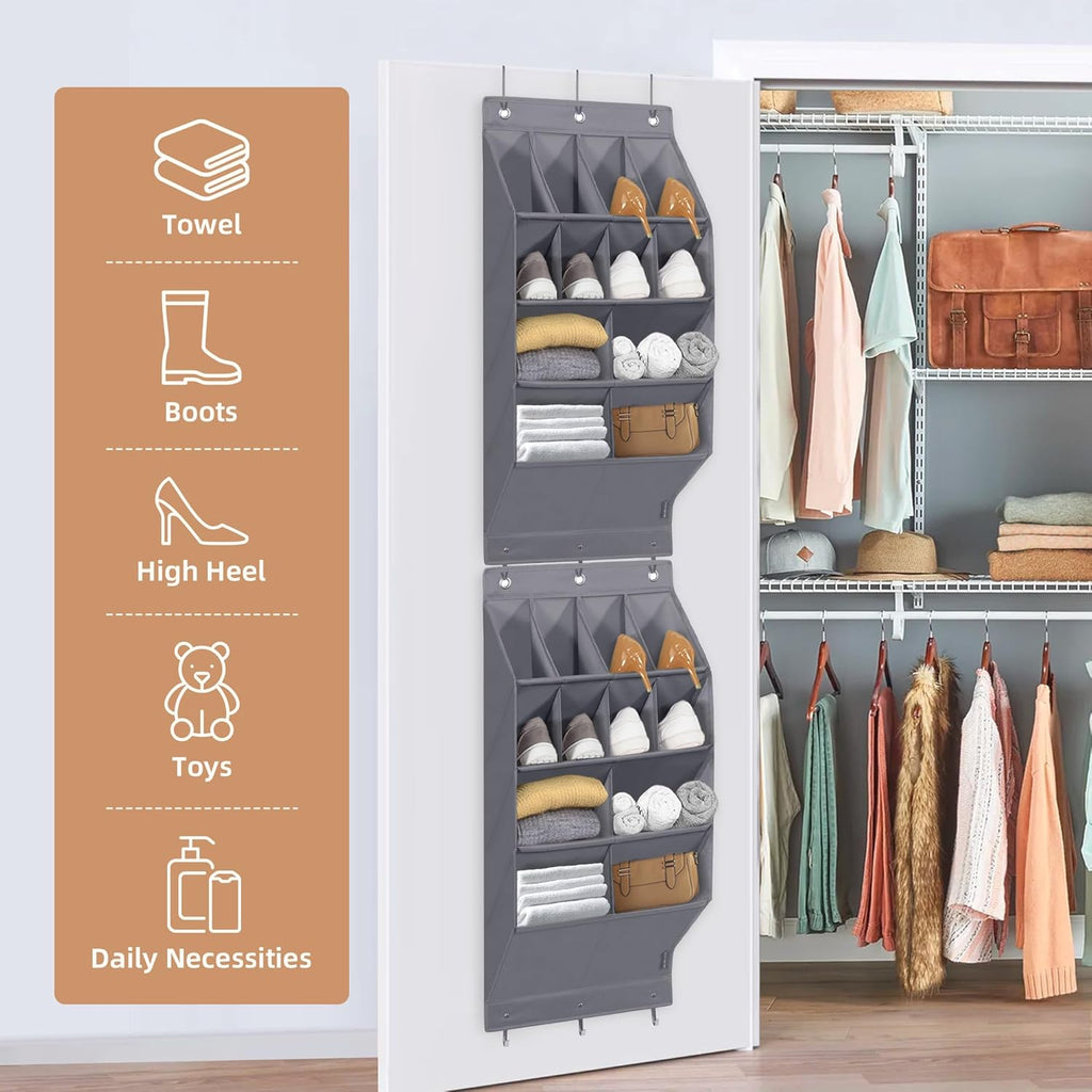 Storage Maniac Over Door Shoe Organizer - 2 Pack with 12 Large Pockets for Efficient Closet Storage | Grey