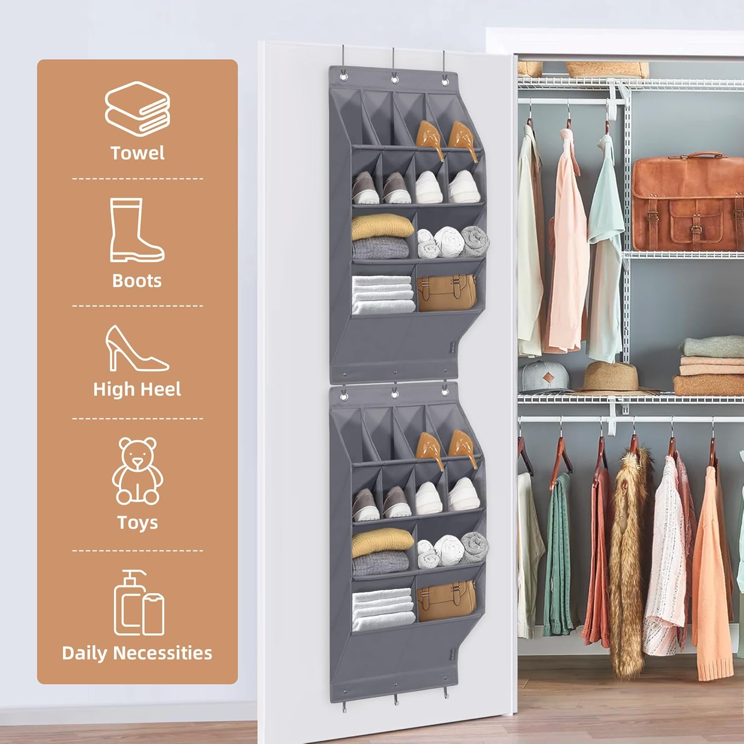 Storage Maniac Over Door Shoe Organizer - 2 Pack with 12 Large Pockets for Efficient Closet Storage | Grey