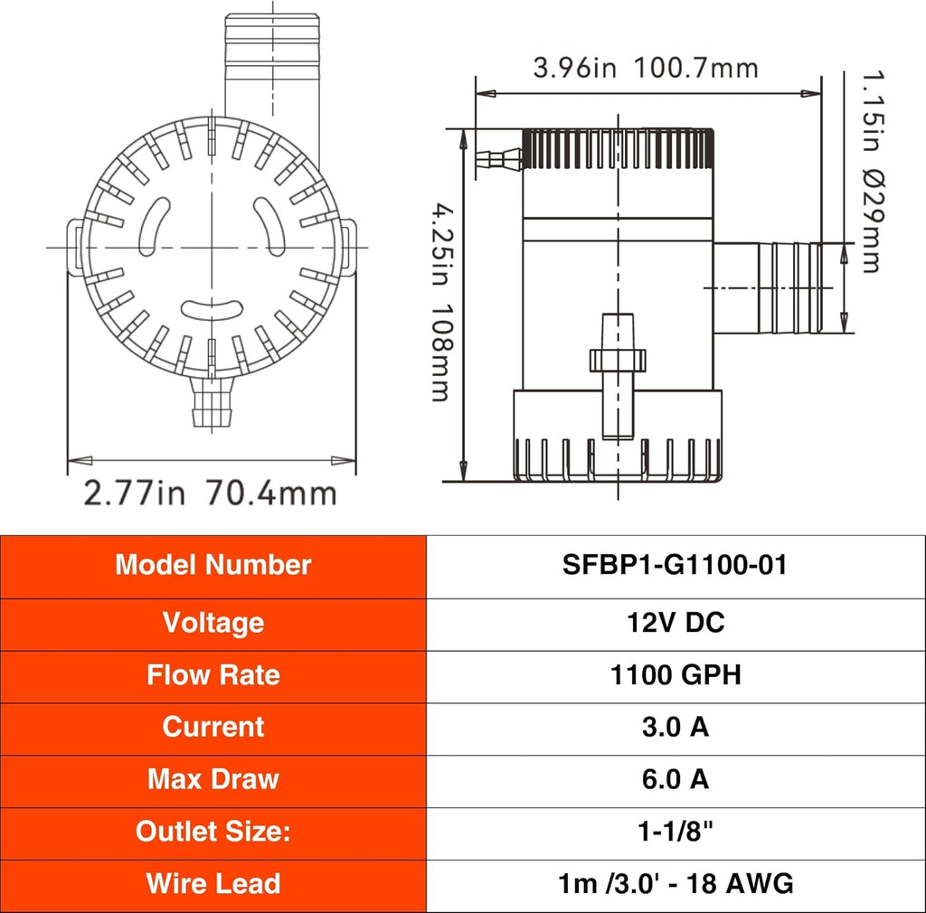 SEAFLO 01 Series 1100 GPH Bilge Pump - 12V Marine Submersible Pump with Anti-Airlock Protection | 4-Year Warranty