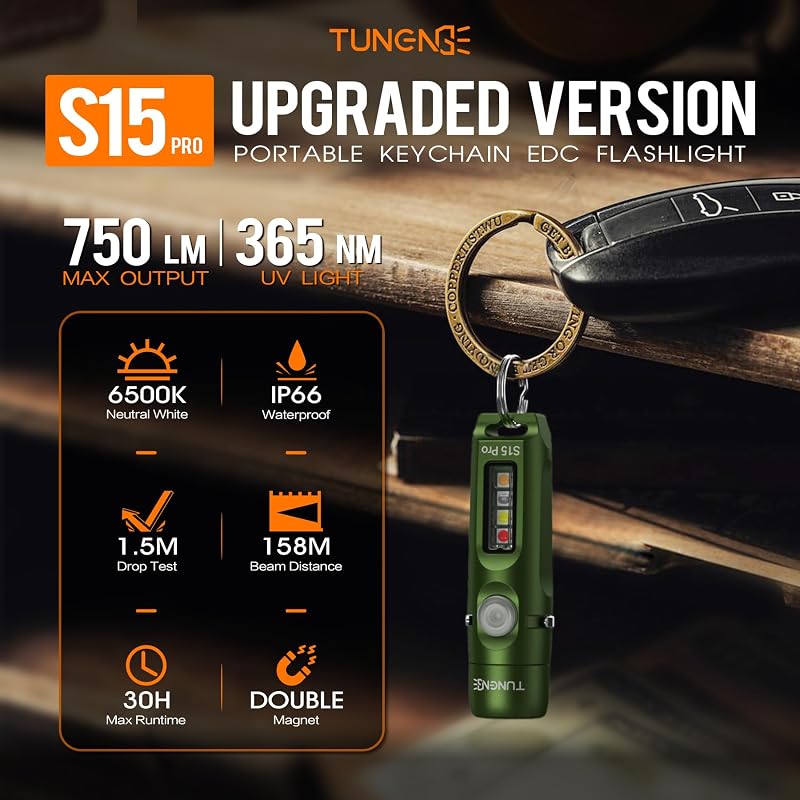 S15PRO Rechargeable Keychain Flashlight 750 Lumen with COB – Green (Variation of THIS listing)