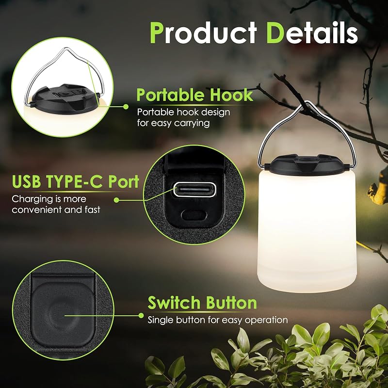 BOBKID LED Camping Lantern - Rechargeable, 1000 Lumens, 360° Light, IP44 Waterproof (Black)