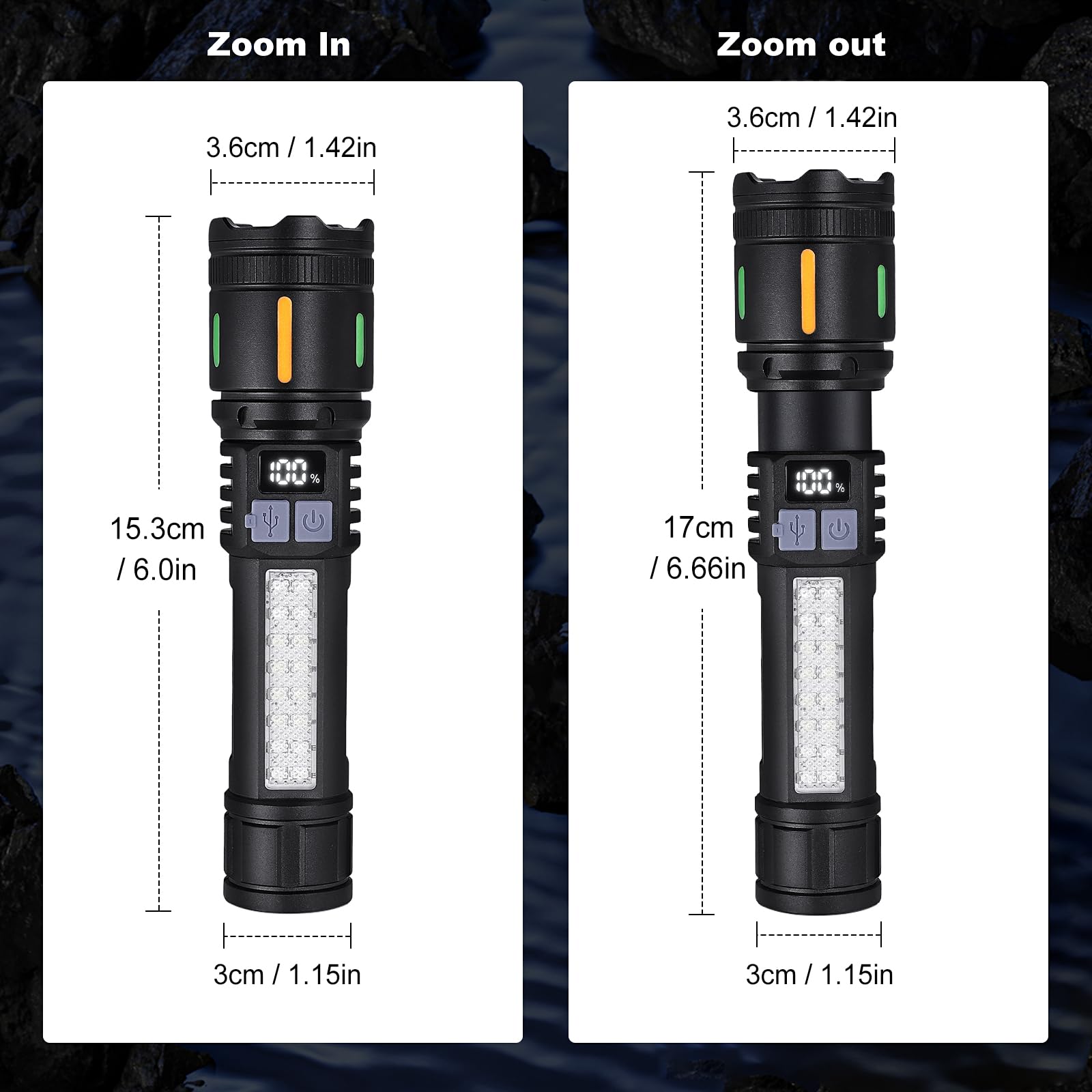 Ciwuzxs Rechargeable LED Flashlights High Lumens 3000LM Super Bright Tactical Flashlight with Cob Sidelight, 5 Light Modes, IPX6 Waterproof, Powerful Handheld Flash Light for Camping (1, Small)