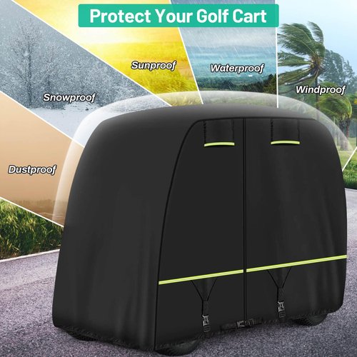 Golf Cart Cover Fits EZGO, Club Car, Yamaha Most 4 Passenger/ 2 Passenger Golf Cart, Upgrade Reflective Strips/ Two Windproof Straps/ Three Sides Zipper Opening/ Four Air Vents, All Weather Protection