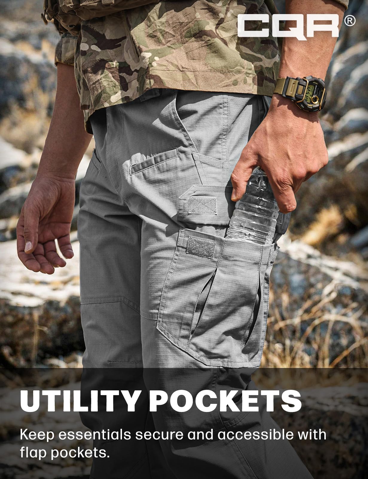 CQR Men's Tactical Pants, Water Resistant Ripstop Cargo Pants, Lightweight EDC Work Hiking Pants, Outdoor Apparel, Raider Stone, 44W x 32L