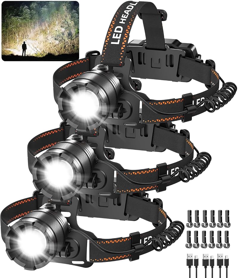 3Pack Ultra Bright LED Headlamp Rechargeable for Adults - 4 Modes, Adjustable Focus & 90° Head