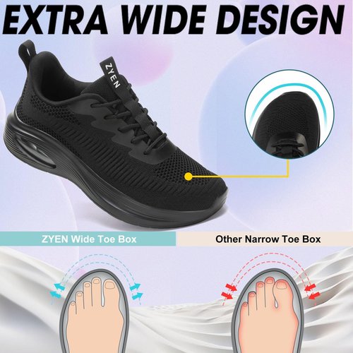 ZYEN Wide Toe Box Shoes Women Air Cushion Road Running Shoes Extra Wide Width Breathable Sneakers Arch Support Tennis Lightweight Gym Athletic Walking Sneakers 8811 Full Black 39