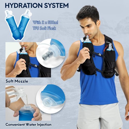 Haimont Running Hydration Vest with 2 TPU Soft Flasks, 5L Lightweight Runner Vest Pack for Women Men, Trail Running, L, Black
