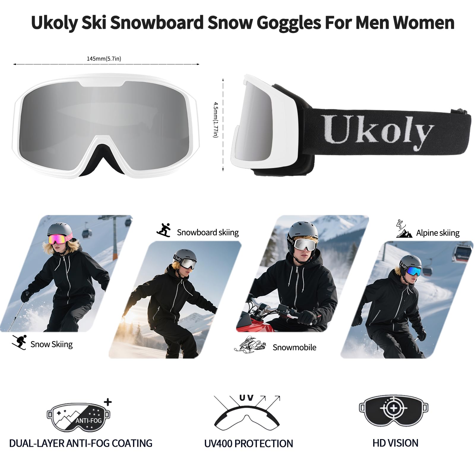 Ukoly Ski/Snowboard Goggles for Men Women, Snow Goggles HD Lens Anti-Fog Coating OTG Design UV400 Protection Windproof (White Frame Silver HD Lens)
