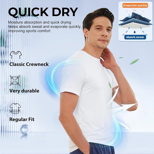 BAMBOO COOL Men's Moisture-Wicking Crewneck Undershirts - Breathable & Soft Tees, 6 Pack