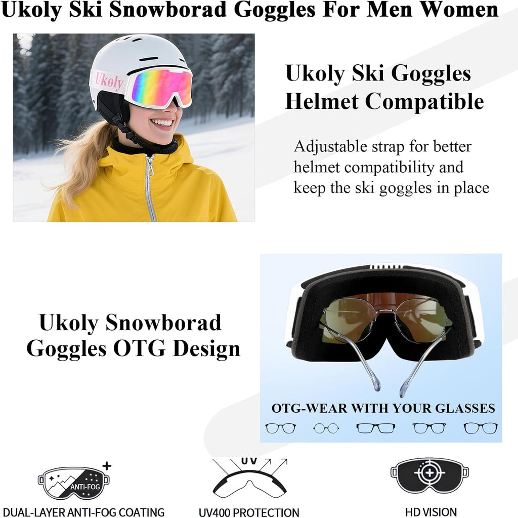 Ukoly Ski & Snowboard Goggles - HD Anti-Fog Lens, OTG Design, UV400 Protection | Men & Women