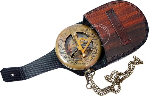Aysha Nautical Brass Sundial Compass with Leather Case and Chain - Push Open Compass - Steampunk Accessory - Antiquated Finish - Beautiful Handmade Gift -Sundial Clock