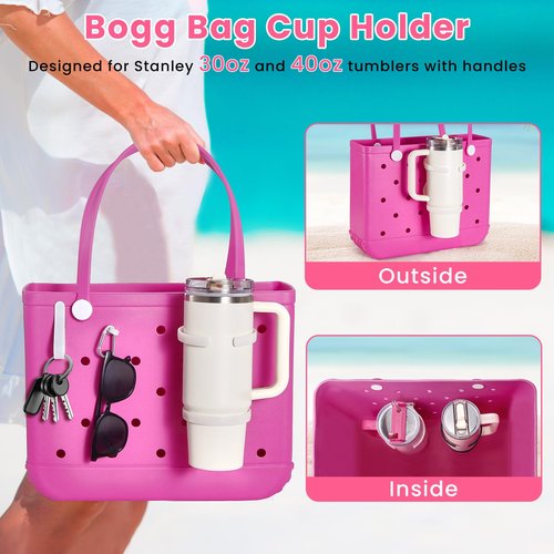 ANTAND Accessories for Bogg Bag, Foldable Cup Holder for 30oz 40oz Stanley Cup, Adjustable Drink Water Bottle Holder Only for BOGG Bag, Insert Charm Carabiner Key Holder Hooks for Tote Bag (White)
