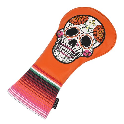 SHABIER Orange Golf Driver Headcover with Orange Flowers Embroidery Sugar Skull Design for Golf Driver Club