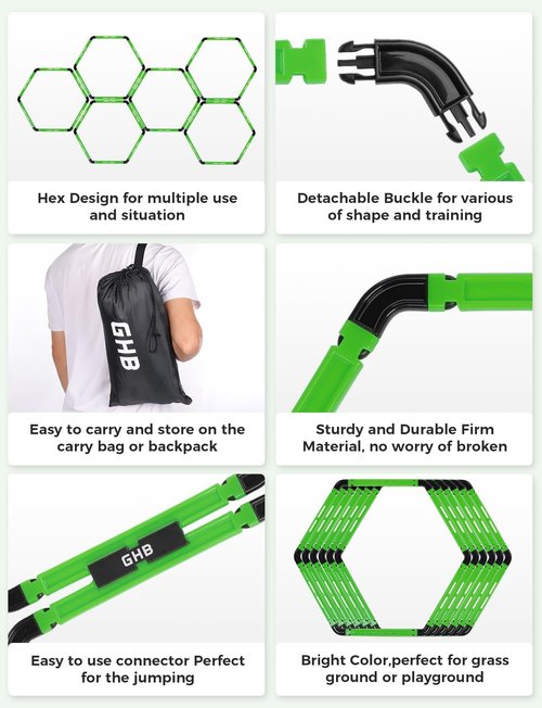 GHB Hex Agility Rings - Portable Speed Training Set with Carrying Bag | 6 Hexagon Rings for Footwork