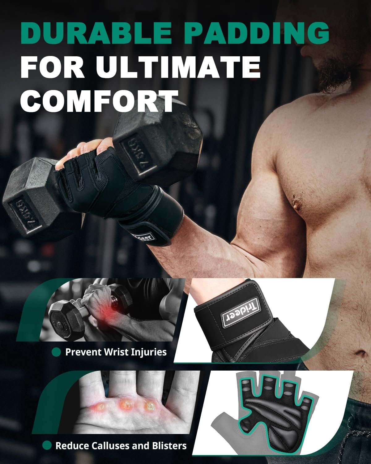Trideer Weight Lifting Gloves - Full Palm Protection with Wrist Wrap Support | Ideal for Cross Training & Fitness