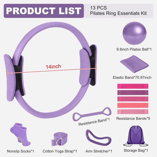 JIAOHENANZE Home Pilates Kit for Women， Pilates Essentials Kit for Women，Pilates Equipment，14 Inch Fitness Circle, 9 Inch Yoga Ball 5 Resistance Bands for Beginners Home Workouts (Purple 13Pcs)