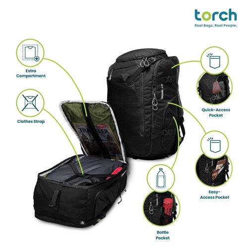 torch Travel Backpack 40L – TSA Friendly Flight Approved, Carry-On Waterproof Hiking Daypack with Rain Cover – Lightweight Rucksack for Camping, Trekking, Outdoor Adventures – Takahagi(Black)