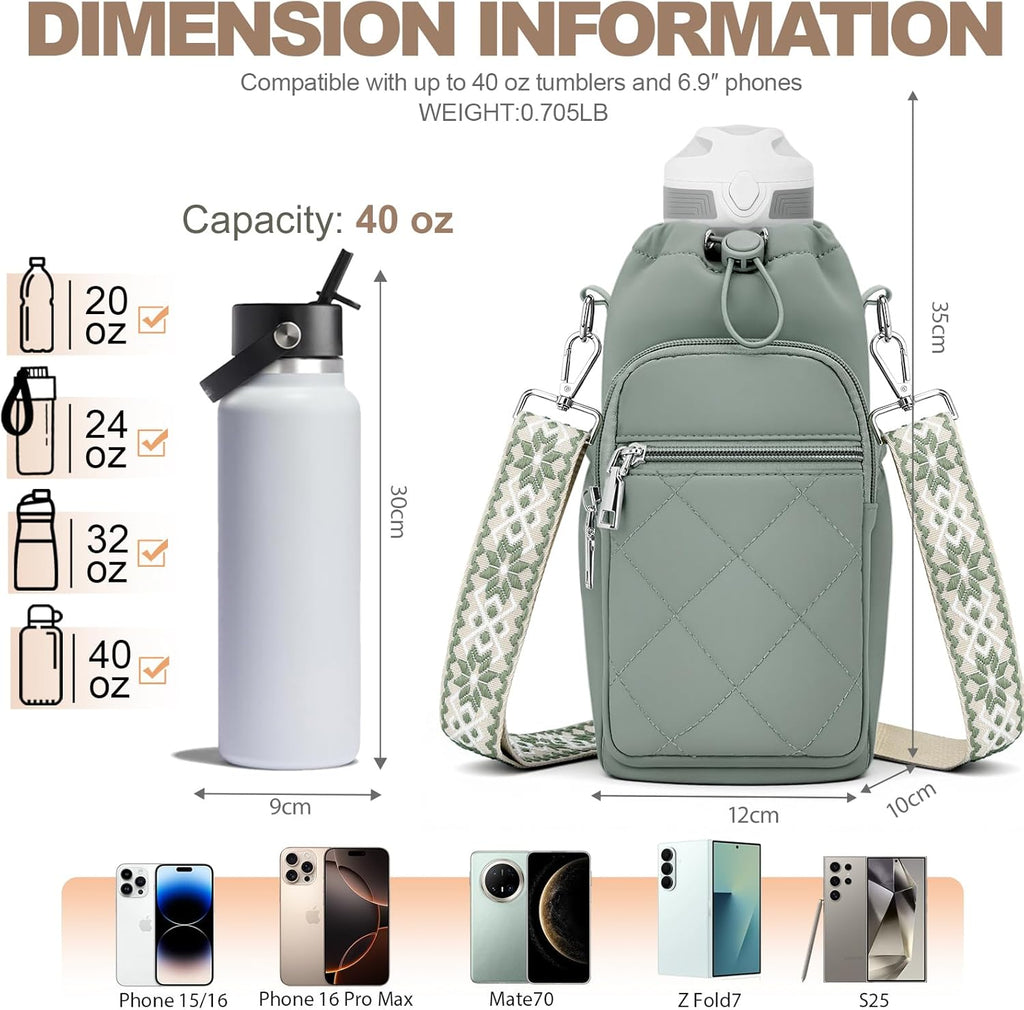 SYTRAH Water Bottle Carrier Bag - 40oz Water Bottle Purse with Strap & Phone Pocket for Hiking