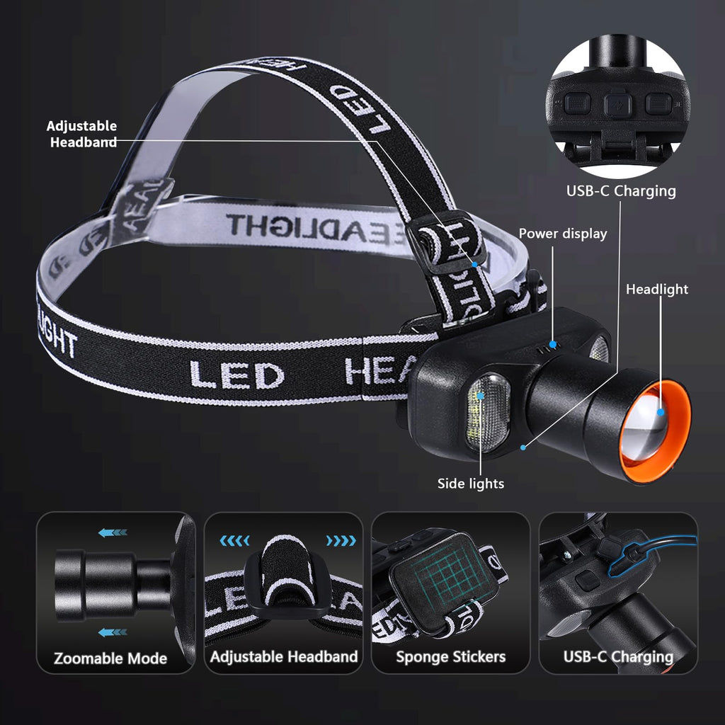 VAVOFO LED Headlamp 2400mAh Rechargeable, 2000 Lumen Bright, Zoomable, Waterproof Outdoor Headlight Flashlight with Stepless Dimming, Lightweight, Adjustable Headband, 5 Modes for Camping, Hiking