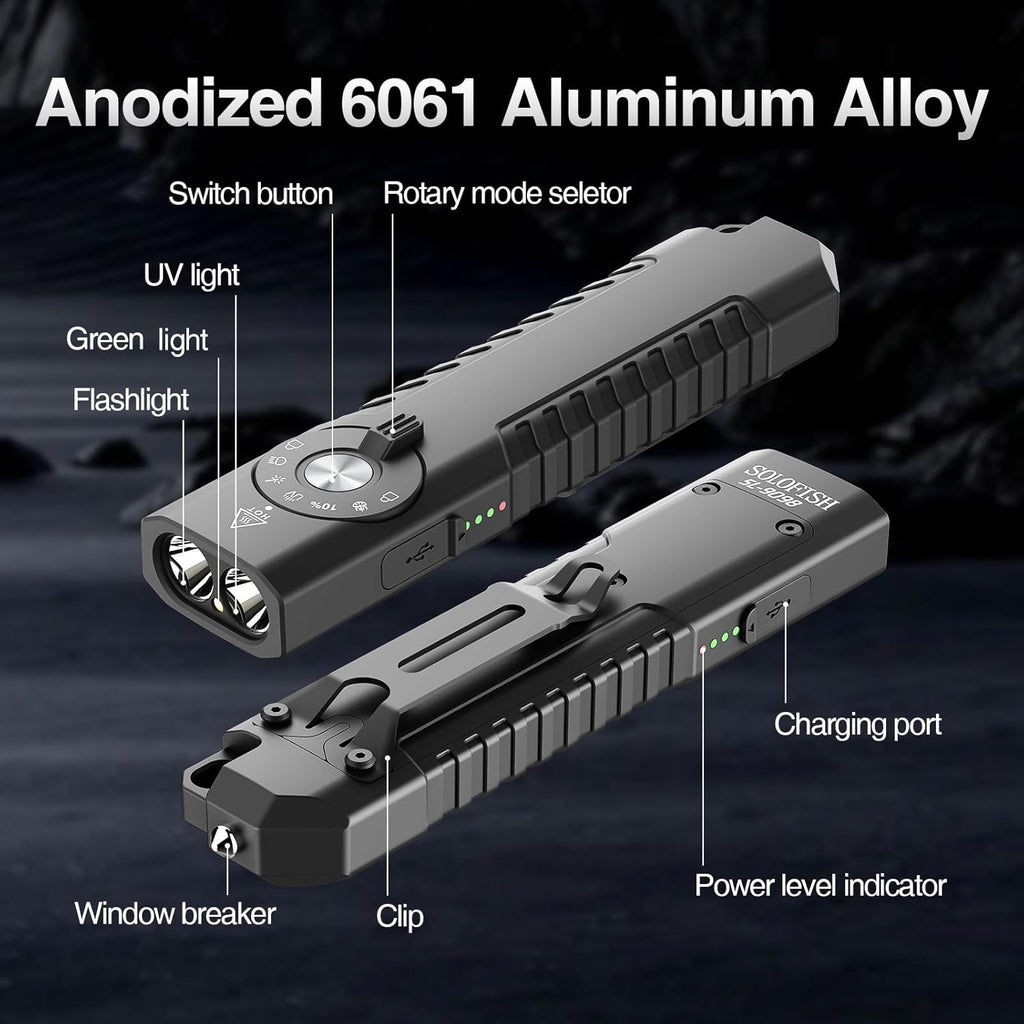 Solofish 1400-Lumen EDC Flashlight - 5-in-1 Portable LED with UV, Green Light & Strobe Function