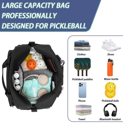 BISKLNDN Pickleball Bag for Women and Men, Pickleball Tote Bag with Various Zipper Pockets for Balls, Paddles, Shoes, Movil Phone and Power Bank with a Fence Hook, Black