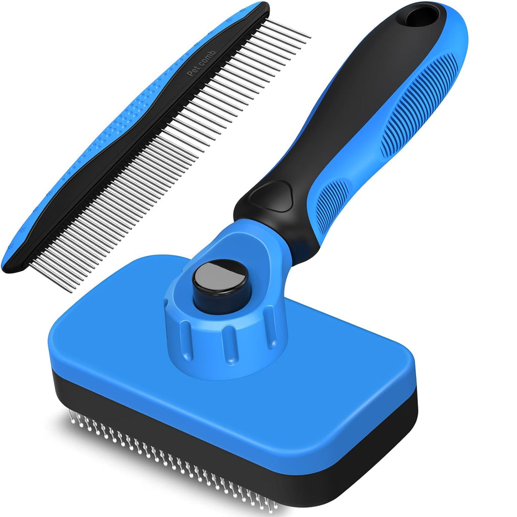 Skiennix Self-Cleaning Slicker Brush & Dog Comb - Gentle Deshedding Tool for Dogs, Cats & Small Pets (Blue)