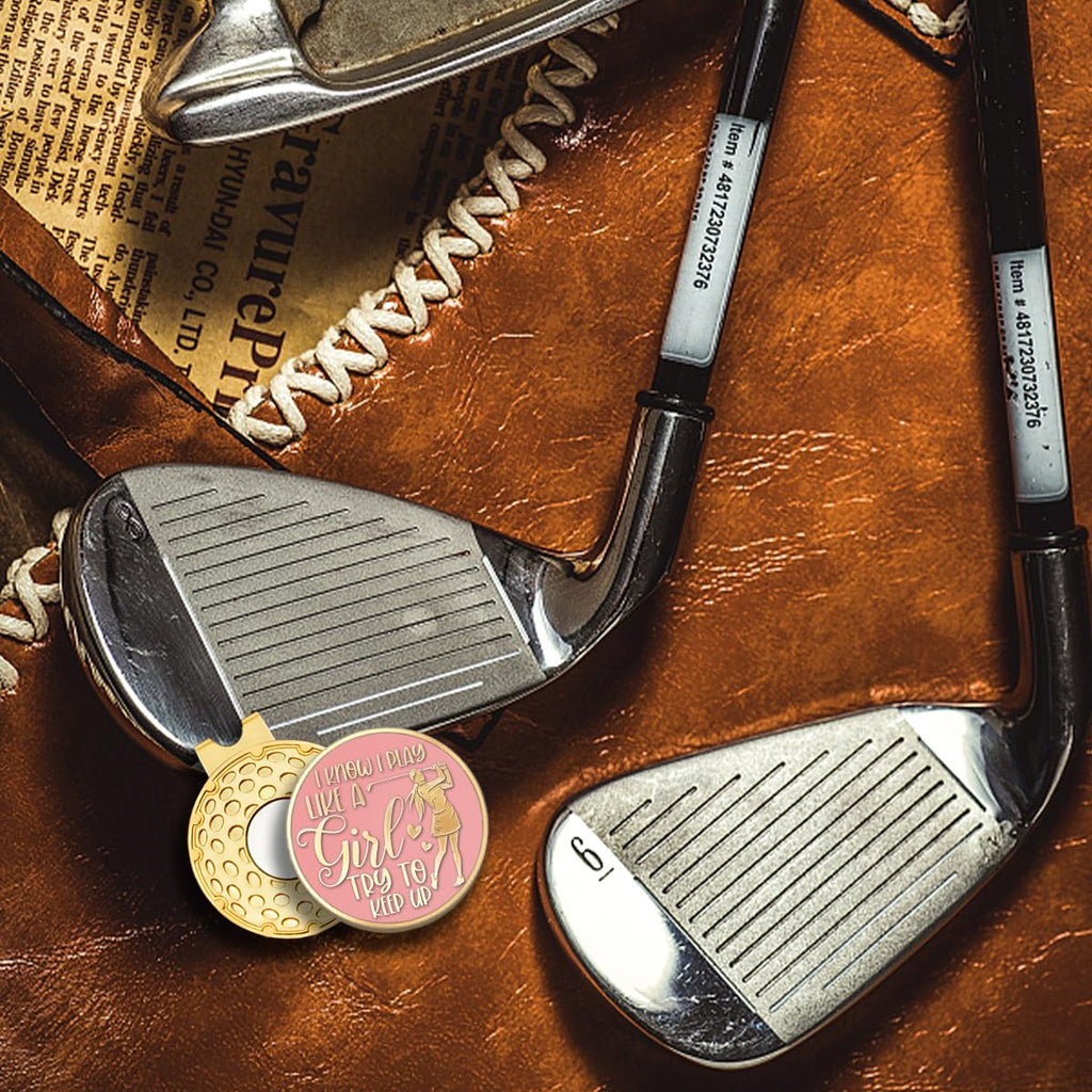 rofiowa I Know I Play Like A Girl Pink Gold Golf Ball Marker with Hat Clip, Funny Golf Accessories for Women, Christmas Mother's Day Birthday Gifts for Golf Fan Golfer, Novelty Golf Gifts(OBJ002)