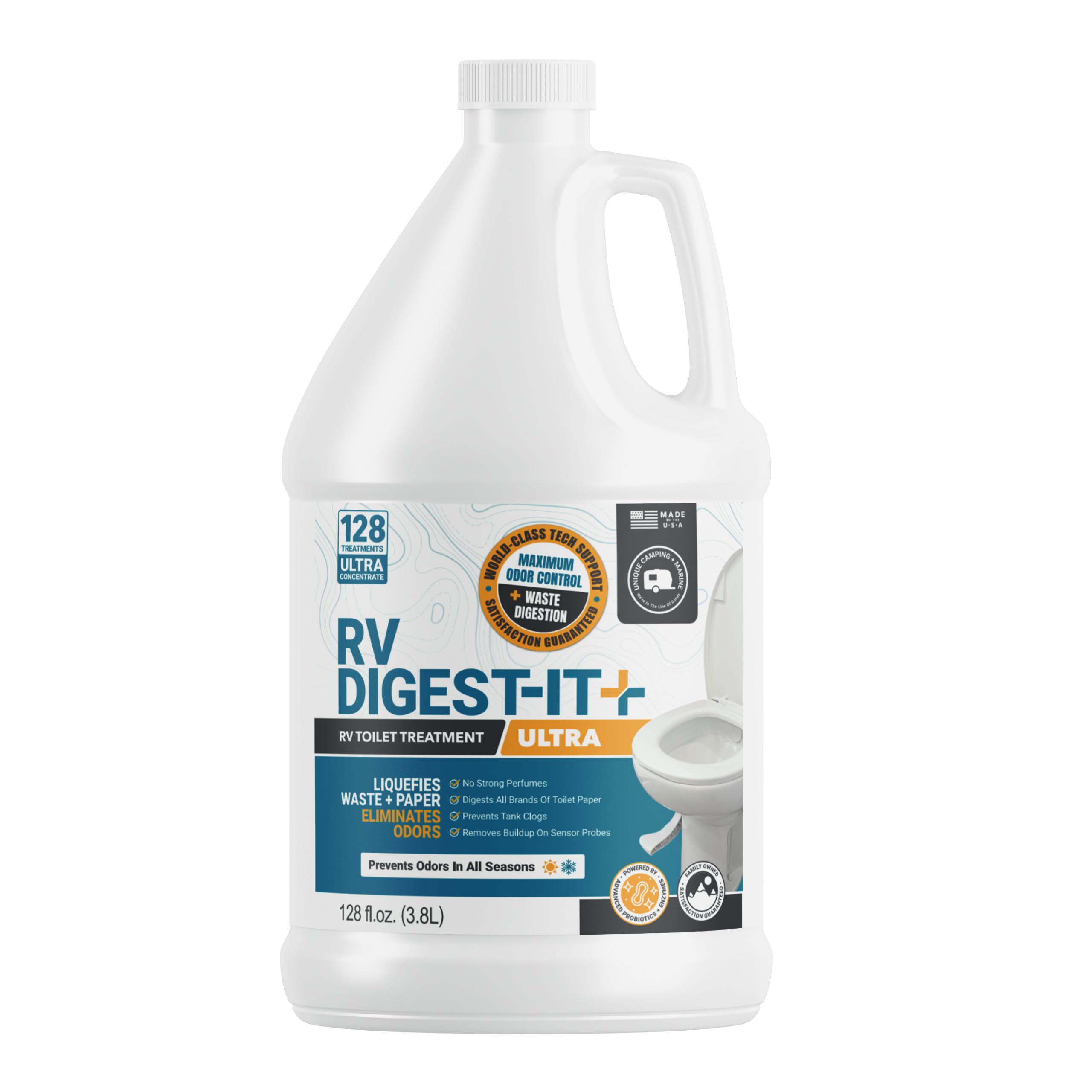 Unique RV Digest-It Ultra RV Toilet Treatment Refill, 128 Uses, Super Concentrated - Eliminates Smells and Liquifies Waste, Easy-Measure Extra-Strength Bio-Enzymatic Holding Tank Treatment (128 oz)