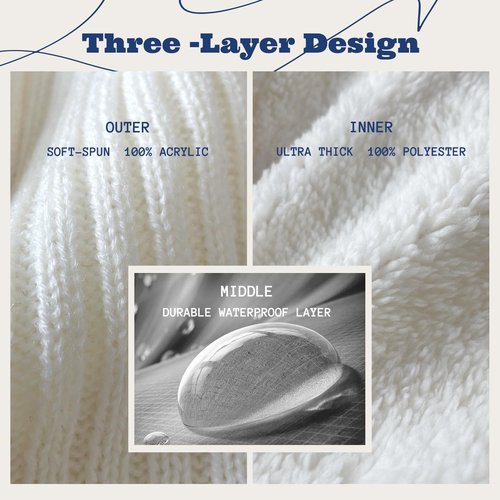 ACUSHLA Waterproof Windproof Cuff Beanie for Men & Women - Fleece-Lined Thick Warm Knitted Winter Hat for Cold Weather Unisex Heavyweight Watch Cap, Creamy White